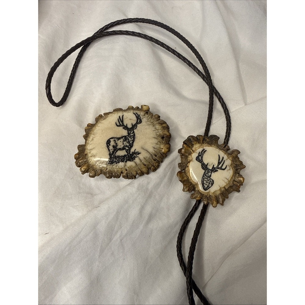 VTG Carved Bolo Tie & Belt Buckle Shed Elk Crown Burr Rosette Mule Deer Buck Set